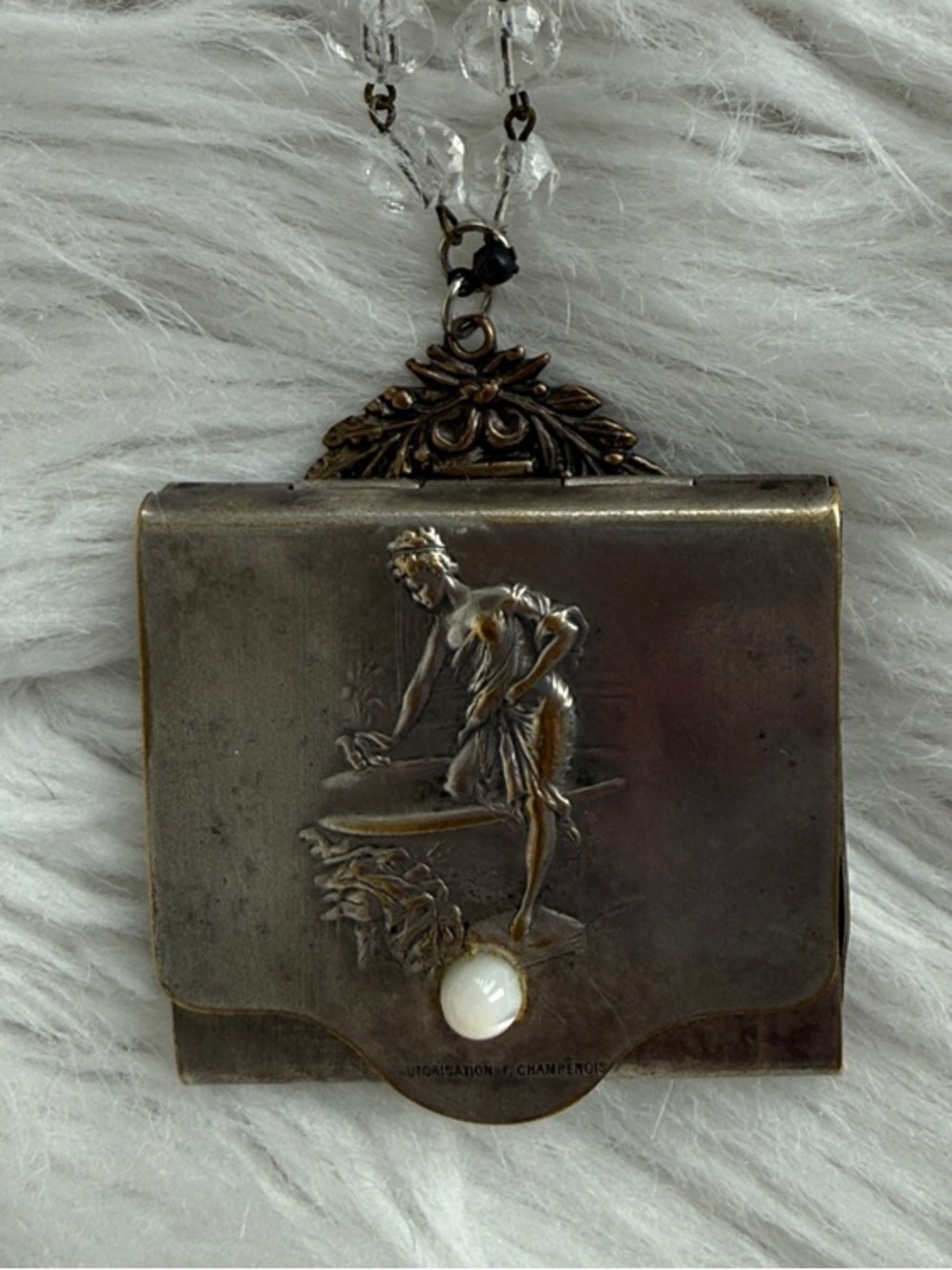 Vintage French Bronze Locket Necklace with Clear Beads and Pearl Accent